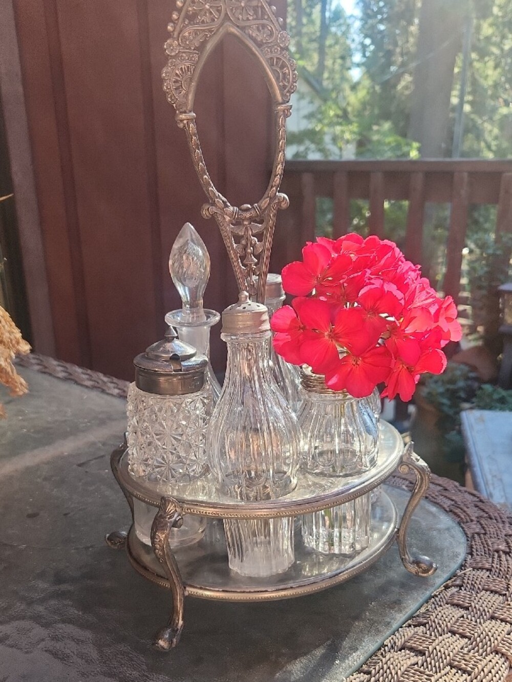 Vintage Silver Condiment Carousel with Clear Glass Bottles - Picture 2 of 16